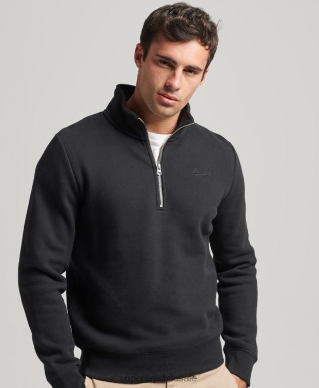 hombres Superdry negro sudadera de algodón orgánico con media cremallera y logo esencial 2R68Z5109