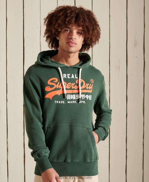 hombres Superdry verde sudadera con capucha sin cepillar clásica americana con logo vintage 2R68Z893