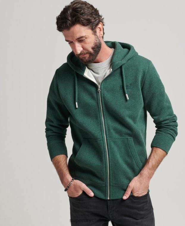hombres Superdry verde sudadera con capucha y cremallera de algodón orgánico con logo vintage bordado 2R68Z710