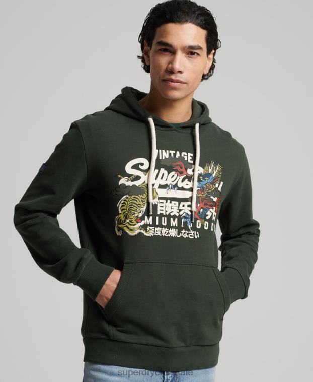 hombres Superdry verde sudadera con capucha y logo vintage sin cepillar 2R68Z884
