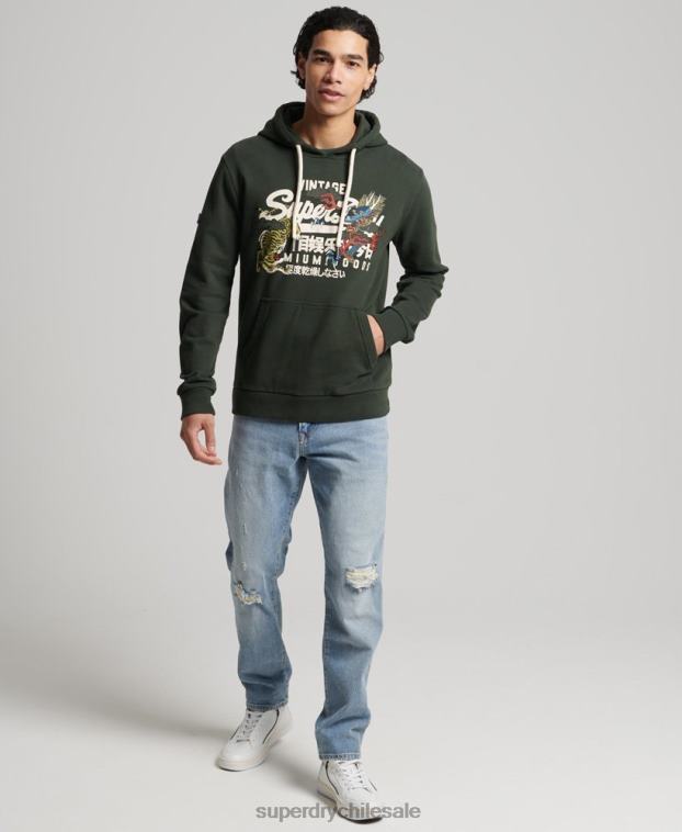 hombres Superdry verde sudadera con capucha y logo vintage sin cepillar 2R68Z884