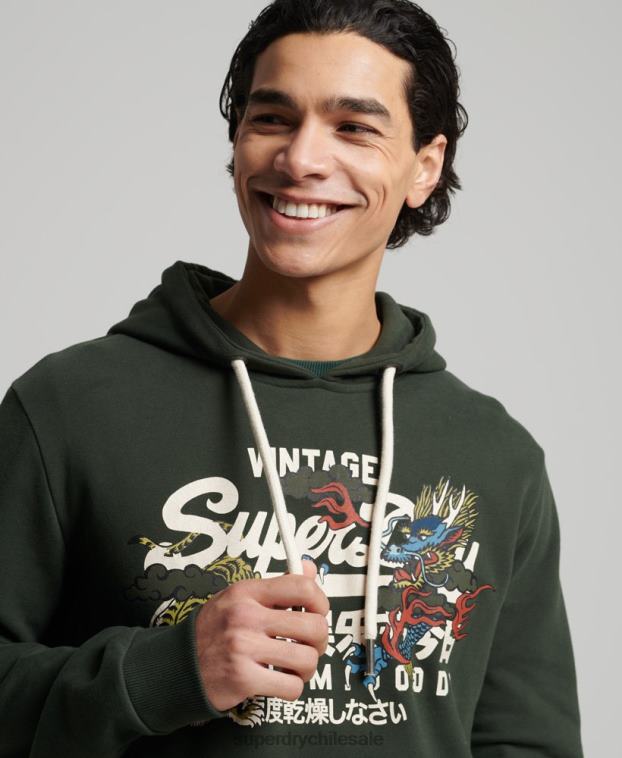 hombres Superdry verde sudadera con capucha y logo vintage sin cepillar 2R68Z884
