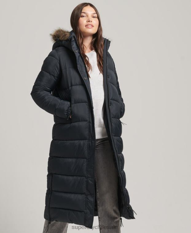 mujer Superdry gris oscuro abrigo largo con capucha y pelo artificial 2R68Z3660