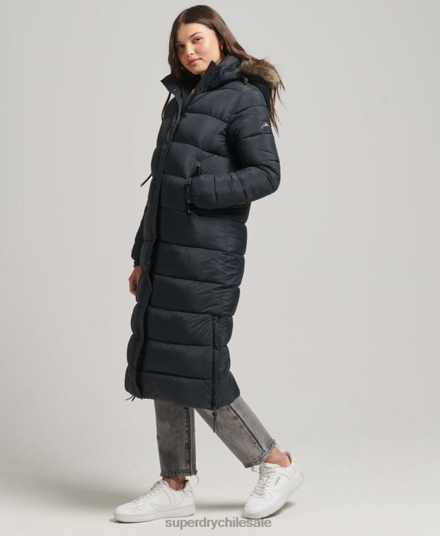 mujer Superdry gris oscuro abrigo largo con capucha y pelo artificial 2R68Z3660