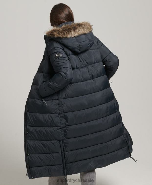 mujer Superdry gris oscuro abrigo largo con capucha y pelo artificial 2R68Z3660