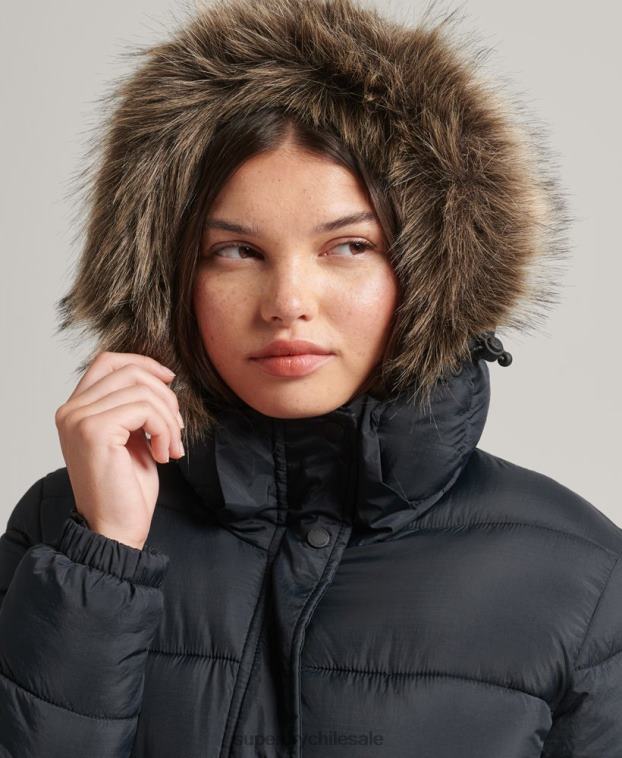 mujer Superdry gris oscuro abrigo largo con capucha y pelo artificial 2R68Z3660