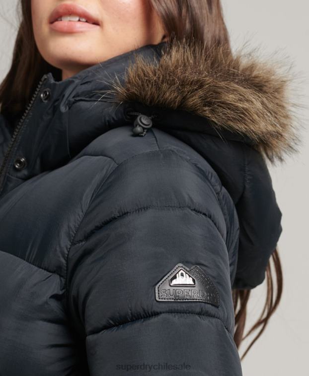 mujer Superdry gris oscuro abrigo largo con capucha y pelo artificial 2R68Z3660