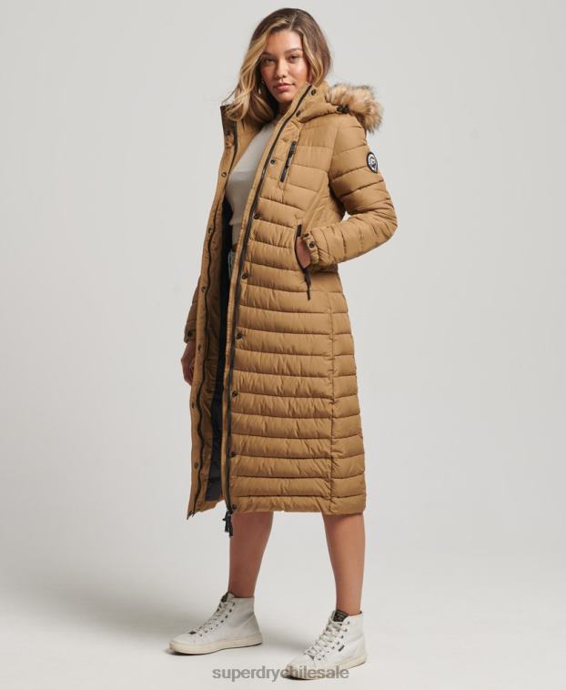 mujer Superdry marrón abrigo acolchado ligero de piel sintética con capucha 2R68Z3701