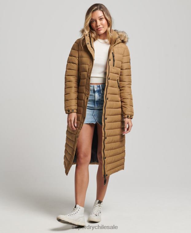 mujer Superdry marrón abrigo acolchado ligero de piel sintética con capucha 2R68Z3701