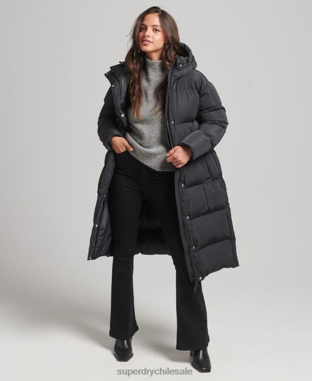 mujer Superdry negro abrigo acolchado largo con capucha 2R68Z3815