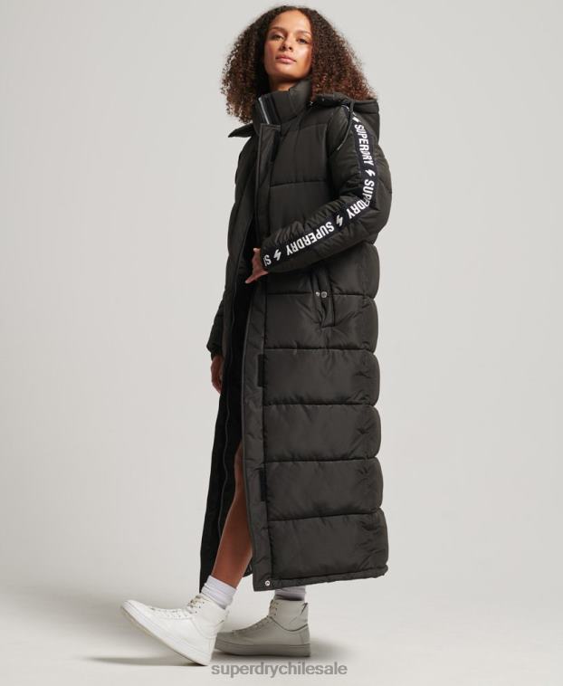 mujer Superdry negro abrigo acolchado largo con capucha y gráfico 2R68Z5647