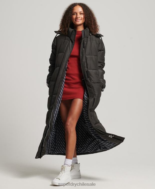 mujer Superdry negro abrigo acolchado largo con capucha y gráfico 2R68Z5647