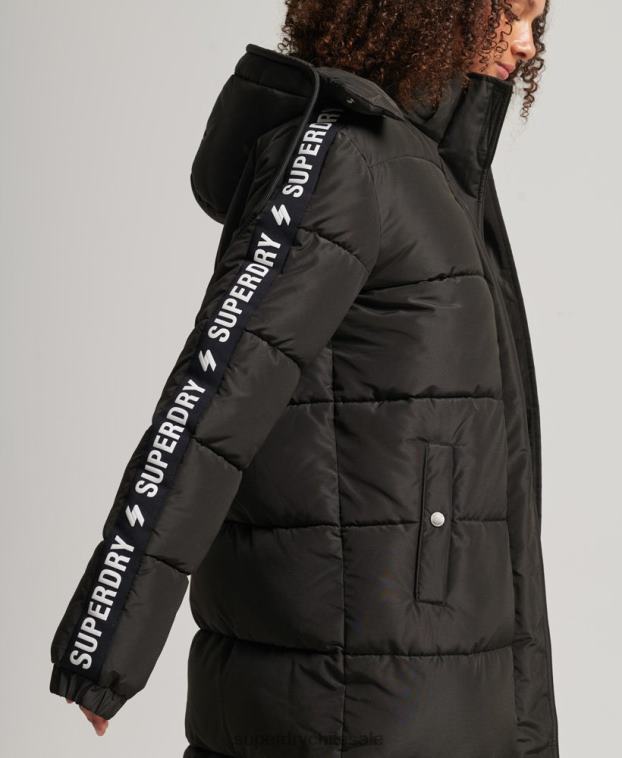 mujer Superdry negro abrigo acolchado largo con capucha y gráfico 2R68Z5647