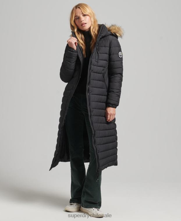 mujer Superdry negro abrigo acolchado ligero de piel sintética con capucha 2R68Z3716