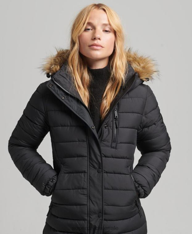 mujer Superdry negro abrigo acolchado ligero de piel sintética con capucha 2R68Z3716