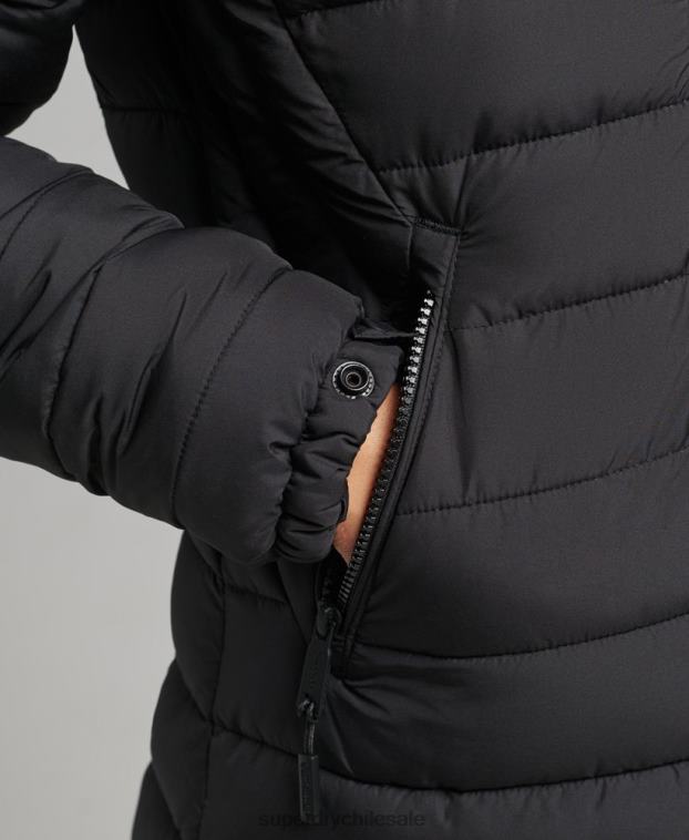 mujer Superdry negro abrigo acolchado ligero de piel sintética con capucha 2R68Z3716