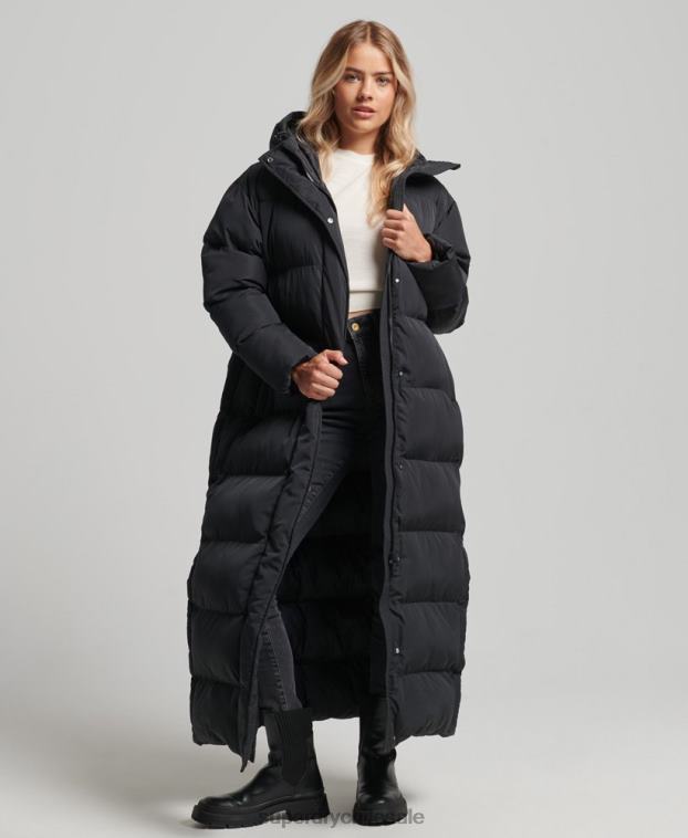 mujer Superdry negro abrigo largo acolchado con capucha 2R68Z3578