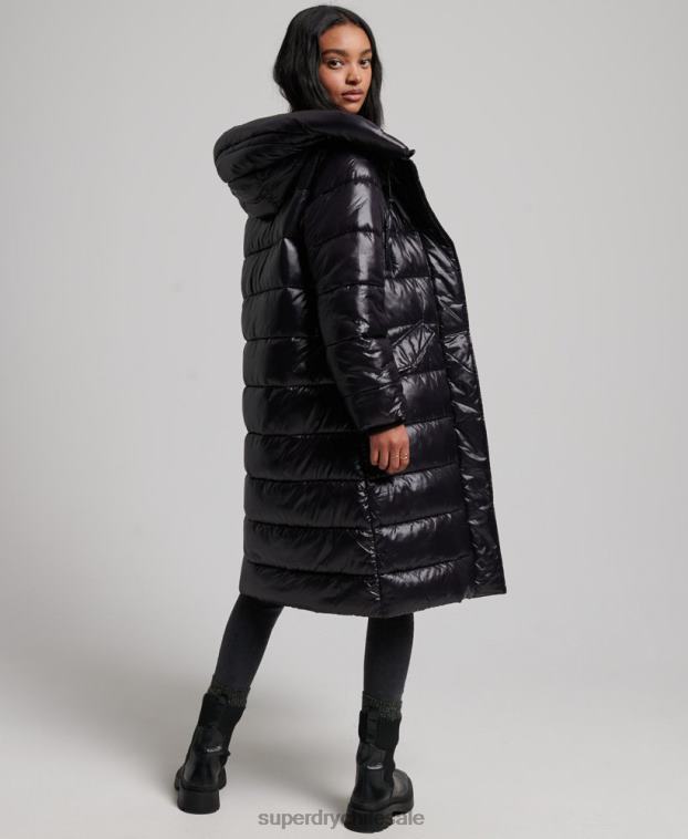 mujer Superdry negro abrigo largo de edredón de alto brillo 2R68Z5642
