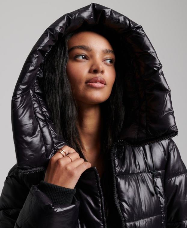 mujer Superdry negro abrigo largo de edredón de alto brillo 2R68Z5642