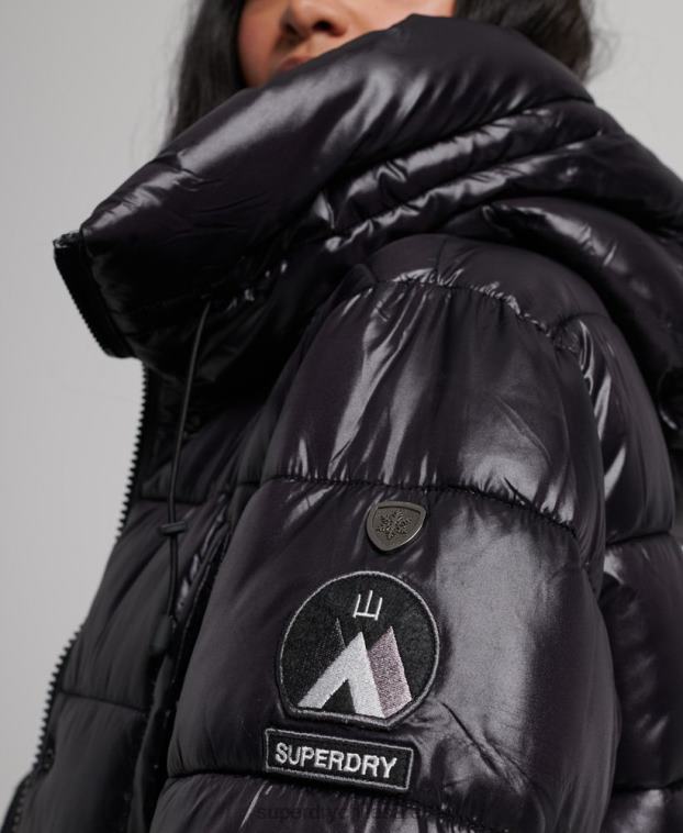 mujer Superdry negro abrigo largo de edredón de alto brillo 2R68Z5642