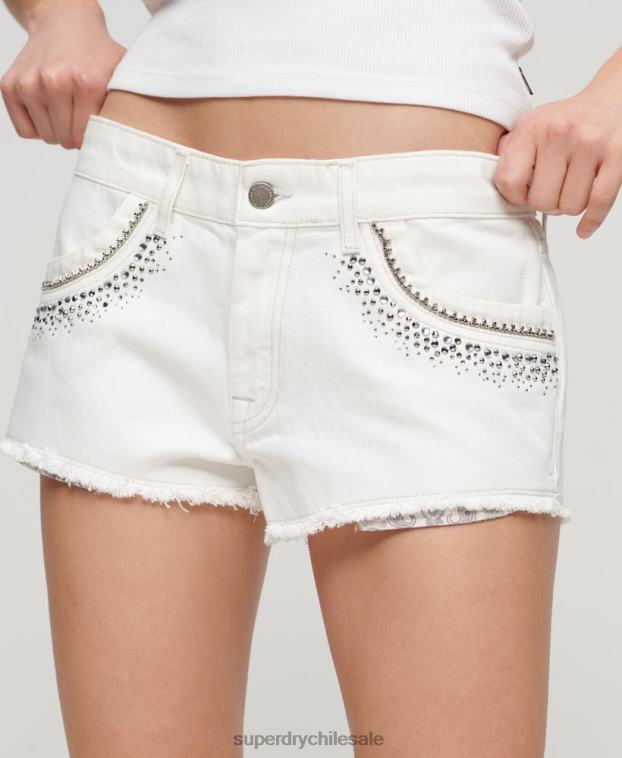 mujer Superdry blanco shorts de mezclilla con detalles de strass 2R68Z3098