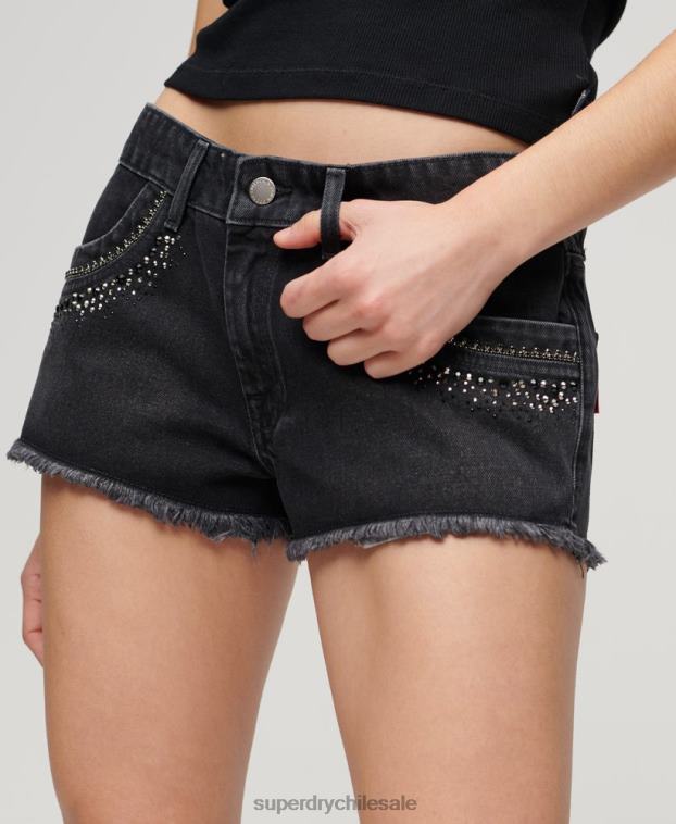 mujer Superdry negro shorts de mezclilla con detalles de strass 2R68Z3112