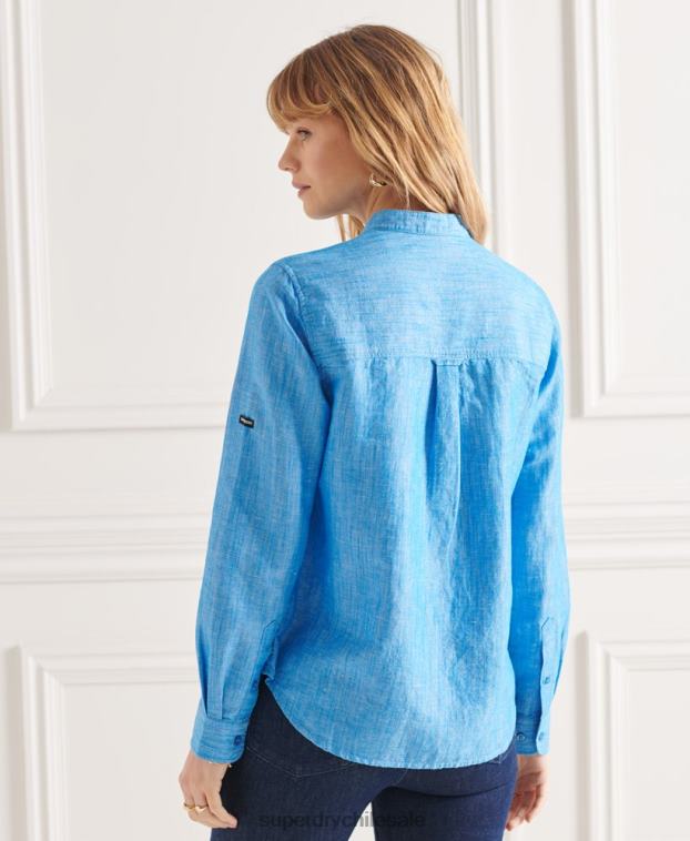 mujer Superdry azul camisa de lino studios granddad 2R68Z3066