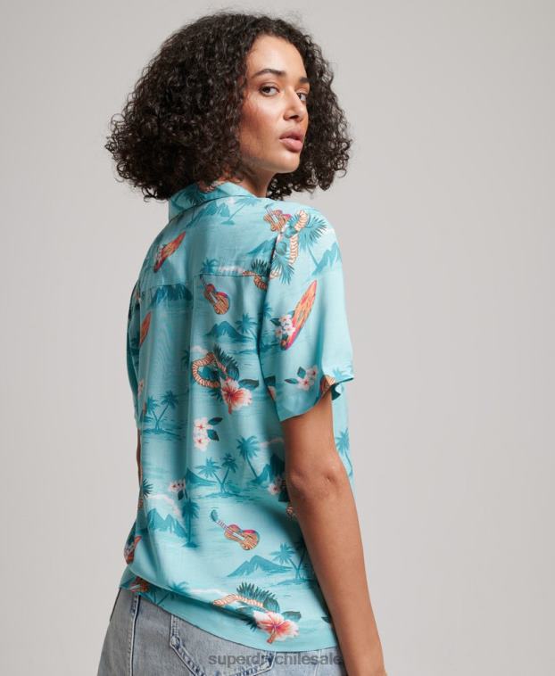 mujer Superdry azul claro camisa de resort de playa 2R68Z2874