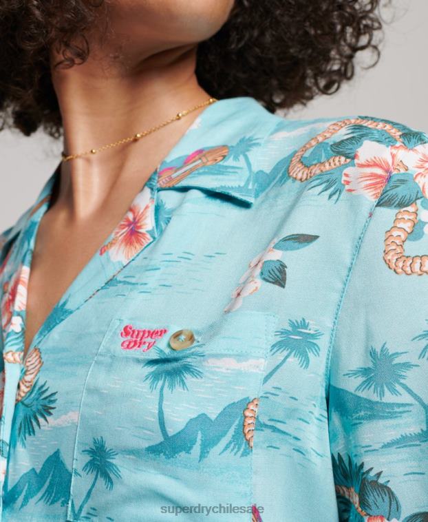 mujer Superdry azul claro camisa de resort de playa 2R68Z2874