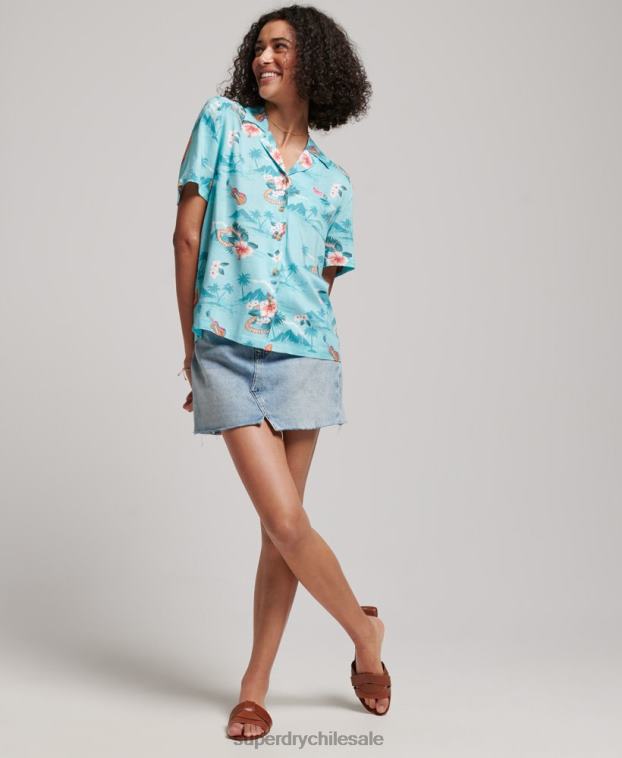 mujer Superdry azul claro camisa de resort de playa 2R68Z2874