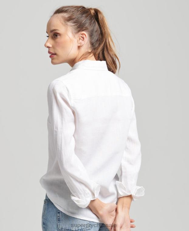 mujer Superdry blanco camisa de manga larga de lino studios 2R68Z6516