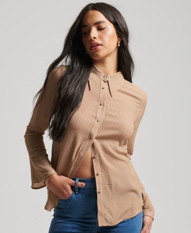 mujer Superdry marrón camisa de manga larga con estampado de los años 70 2R68Z6515