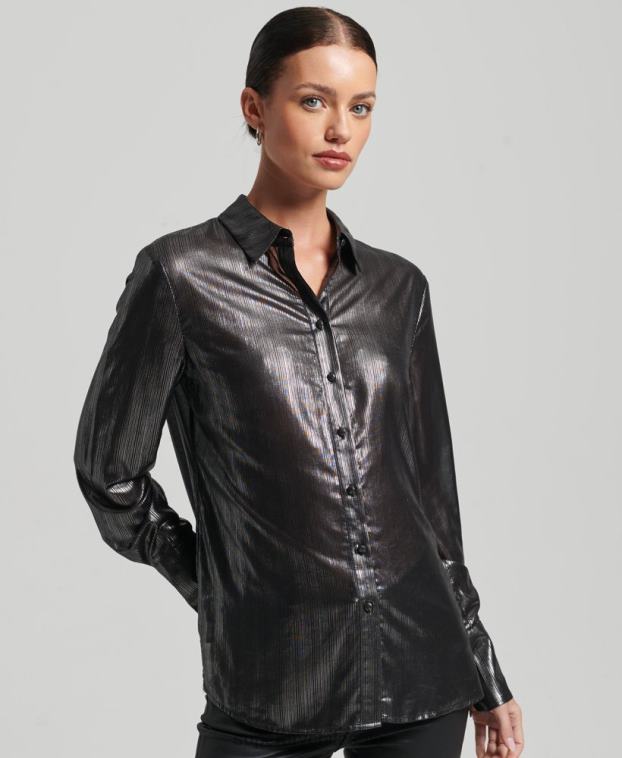mujer Superdry negro camisa de lúrex brillante 2R68Z3026
