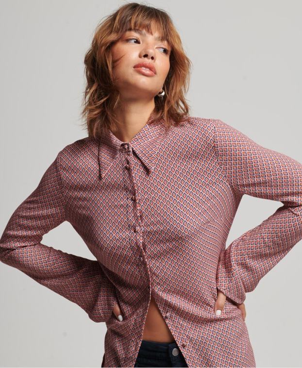 mujer Superdry rosa camisa de manga larga con estampado de los años 70 2R68Z6593