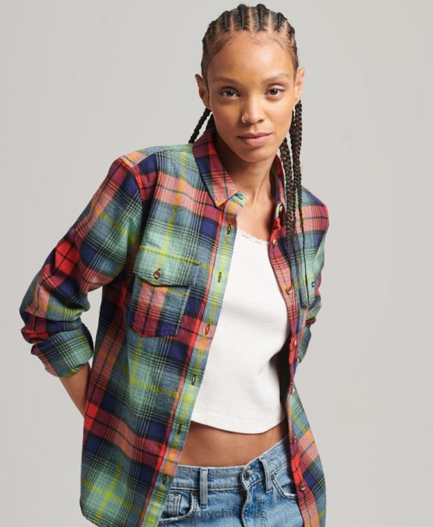 mujer Superdry verde camisa de franela a cuadros de algodón orgánico 2R68Z3042