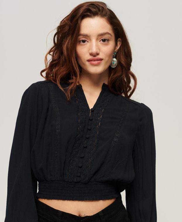 mujer Superdry Armada blusa de manga larga con ribete de encaje 2R68Z2897