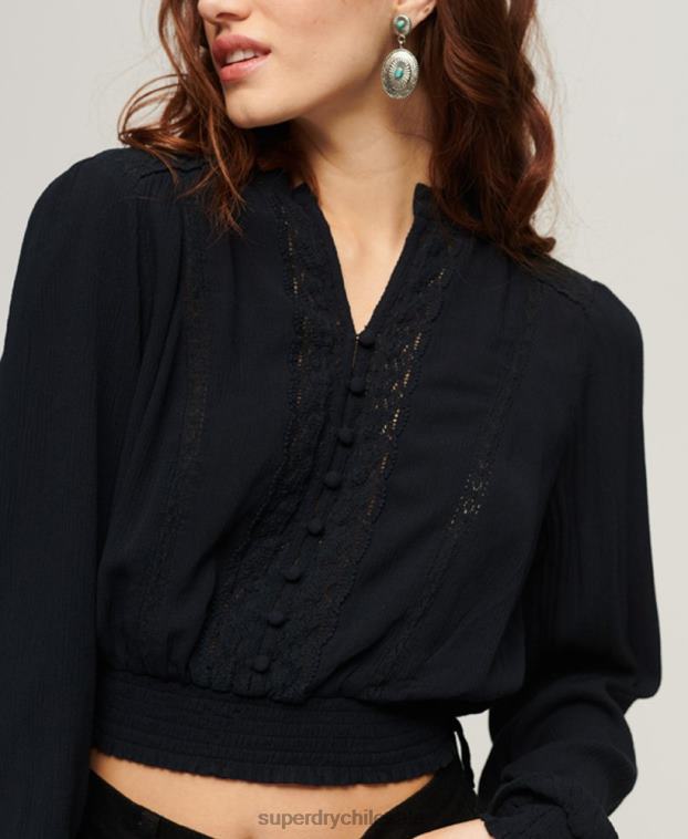 mujer Superdry Armada blusa de manga larga con ribete de encaje 2R68Z2897
