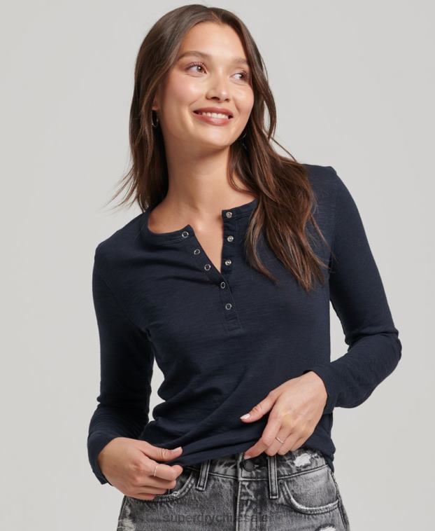 mujer Superdry Armada camiseta henley de jersey flameado de manga larga 2R68Z2869