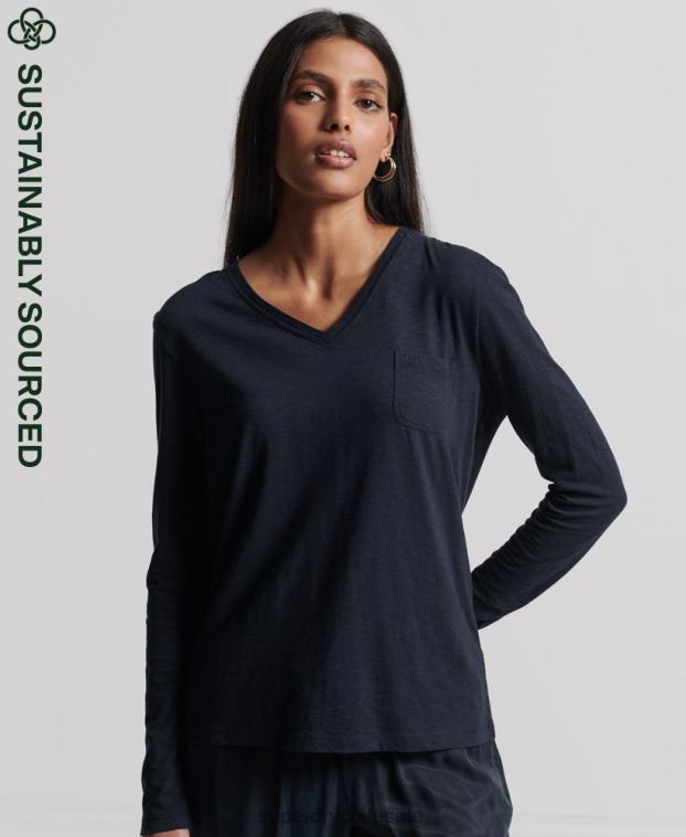 mujer Superdry Armada top de manga larga con cuello de pico y bolsillo de algodón orgánico 2R68Z6547