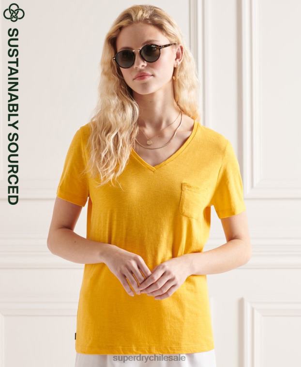 mujer Superdry amarillo playera con cuello en V y bolsillo de algodón orgánico 2R68Z2792