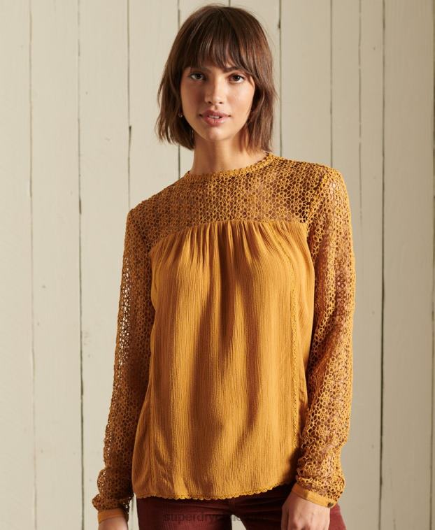 mujer Superdry amarillo top de encaje tejido de manga larga 2R68Z3057