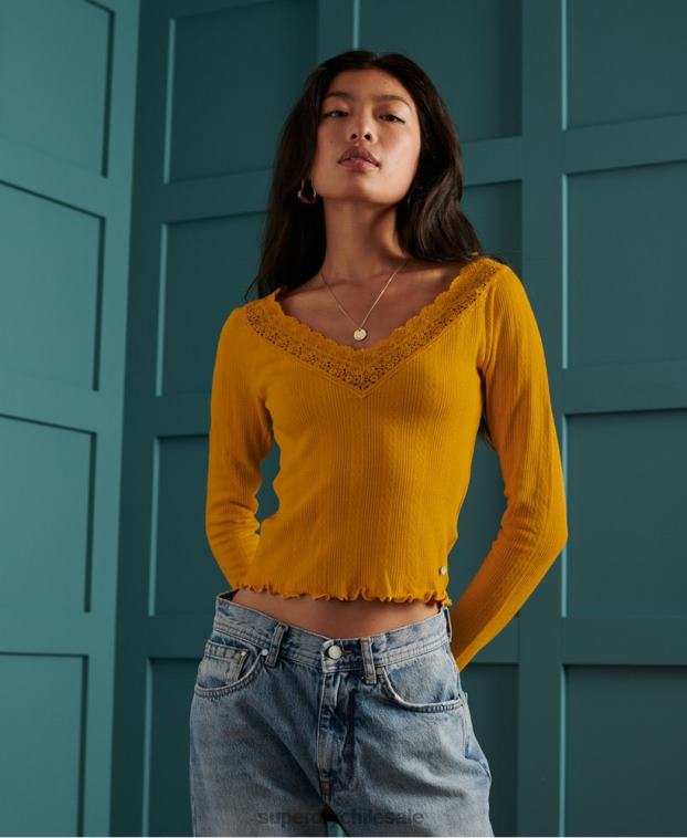 mujer Superdry amarillo top de manga larga de encaje pointelle 2R68Z3034