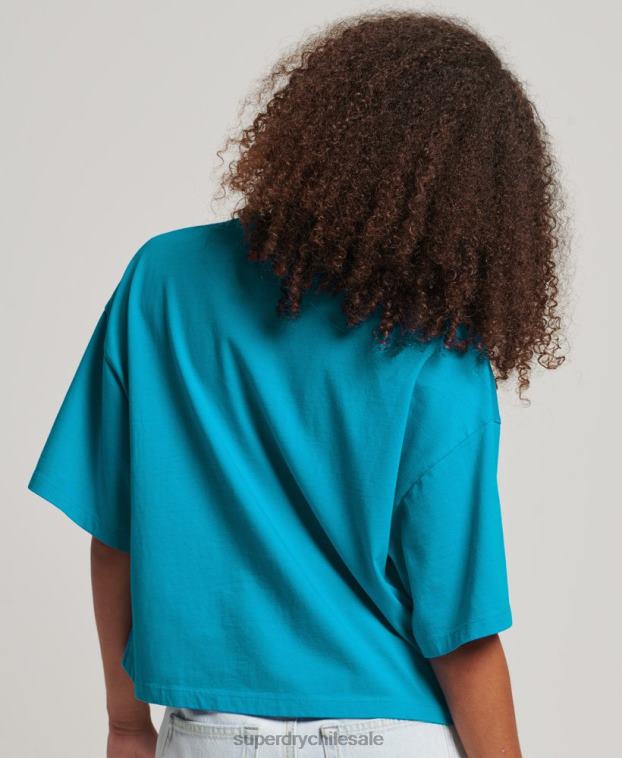 mujer Superdry azul playera boxy con código apilado 2R68Z2702