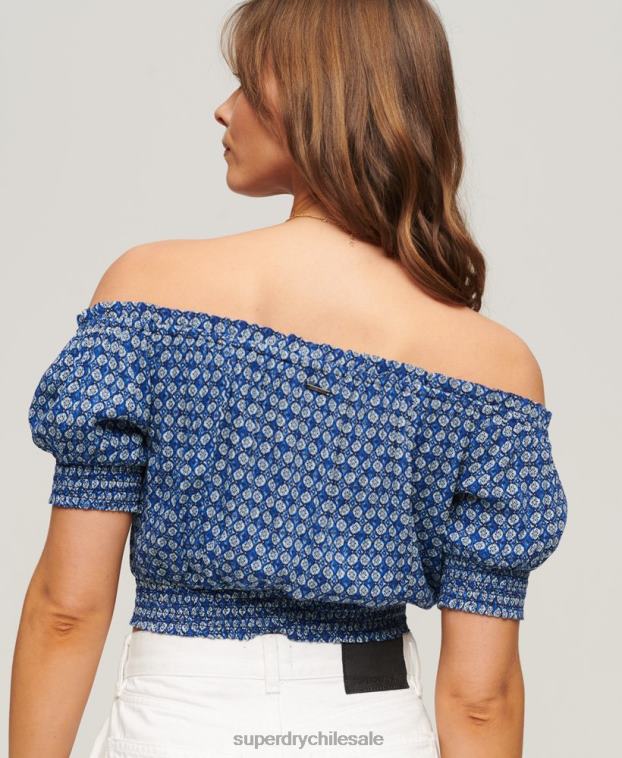 mujer Superdry azul top corto de manga corta con nido de abeja 2R68Z2023