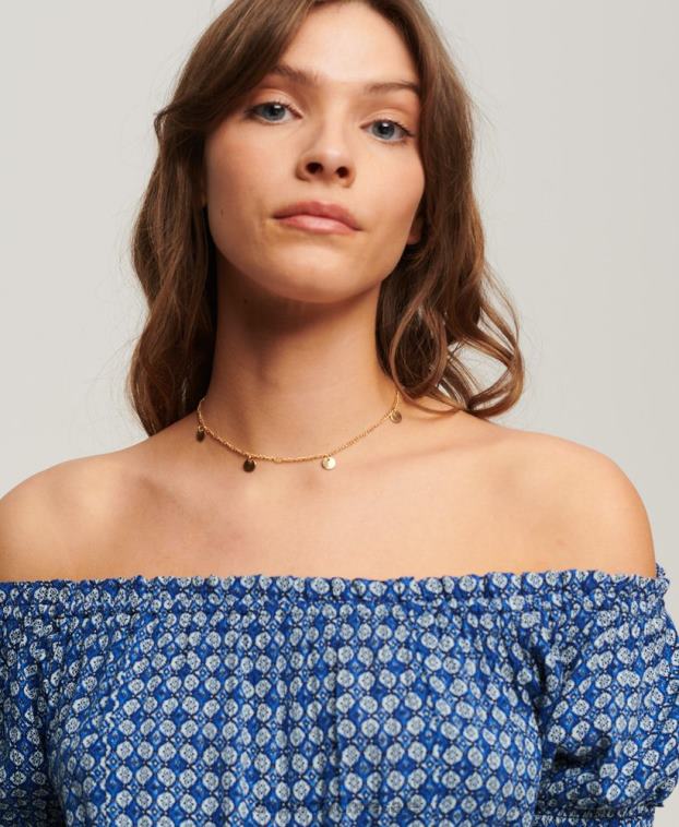 mujer Superdry azul top corto de manga corta con nido de abeja 2R68Z2023