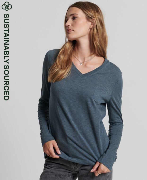 mujer Superdry azul top de manga larga con cuello de pico y bolsillo de algodón orgánico 2R68Z6645