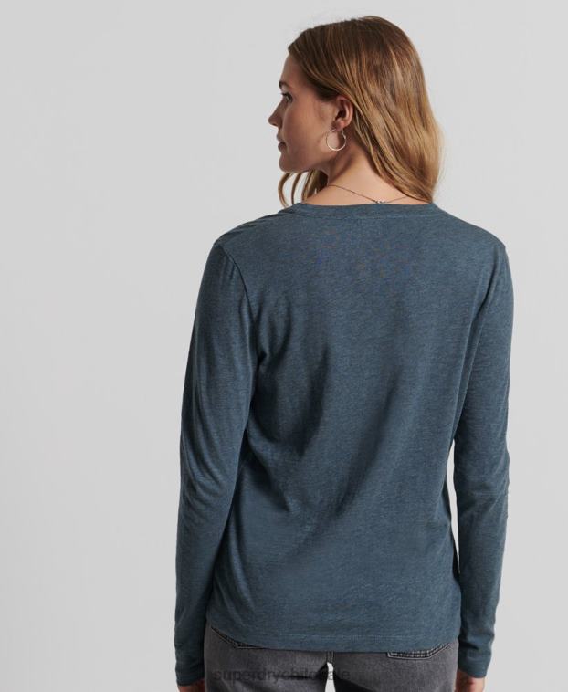 mujer Superdry azul top de manga larga con cuello de pico y bolsillo de algodón orgánico 2R68Z6645