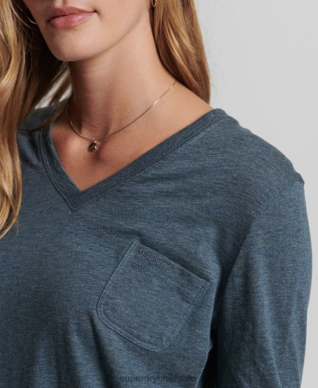 mujer Superdry azul top de manga larga con cuello de pico y bolsillo de algodón orgánico 2R68Z6645