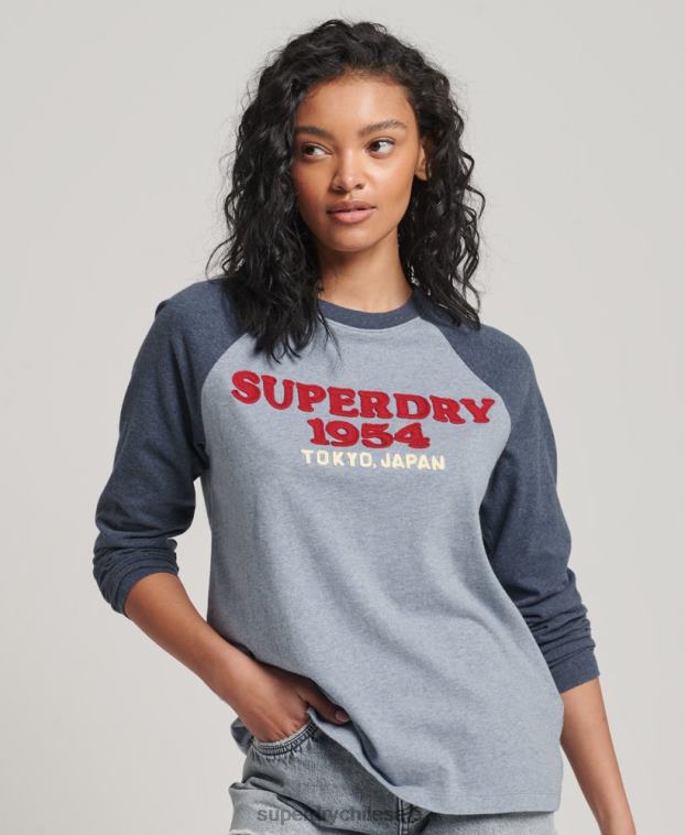 mujer Superdry azul top de manga larga raglán con logo vintage 2R68Z2266