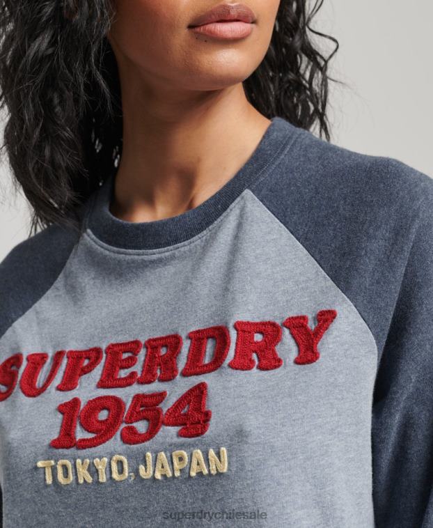 mujer Superdry azul top de manga larga raglán con logo vintage 2R68Z2266